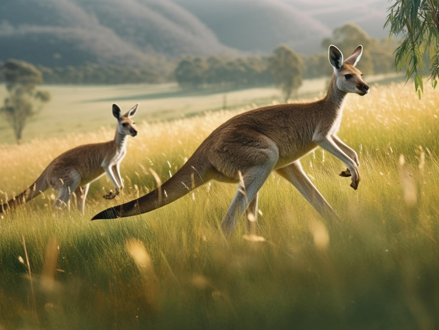Kangaroos are jumping on the green meadow.