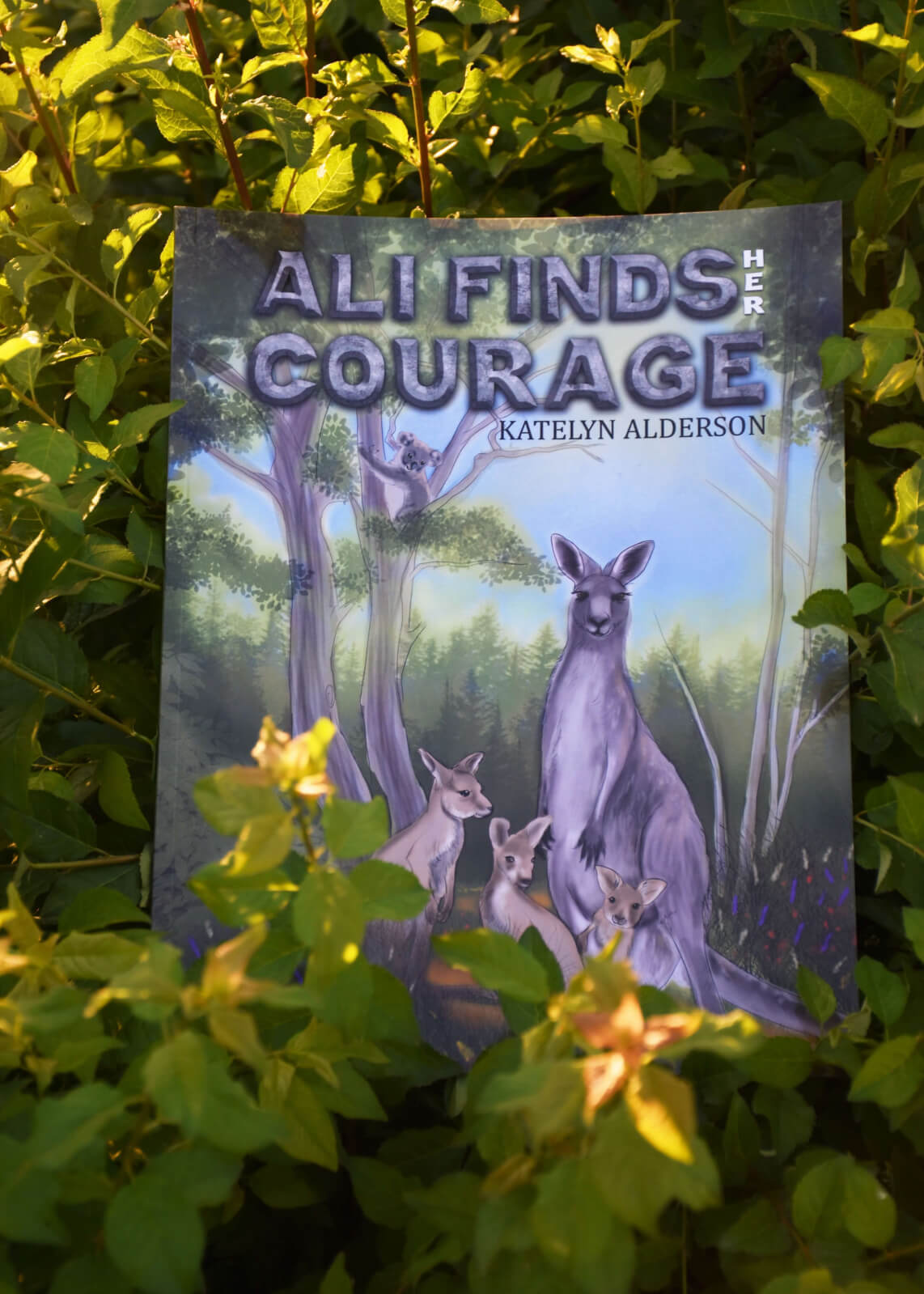 The book 'Ali Finds Her Courage' by Katelyn is lying among the green leaves of a tree.